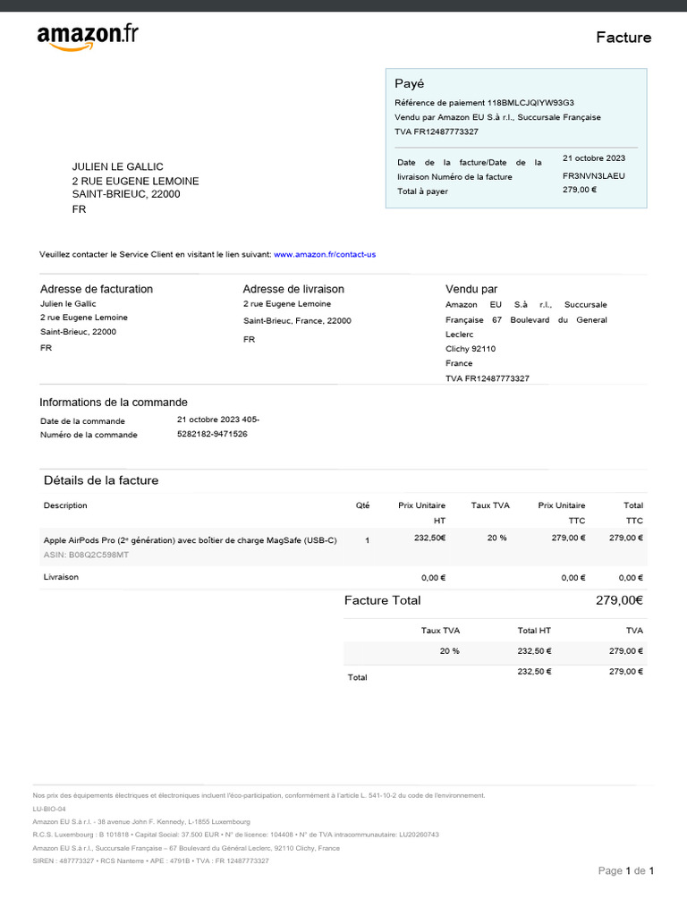 Facture AirPods Pro 2 d'Amazon | PDF