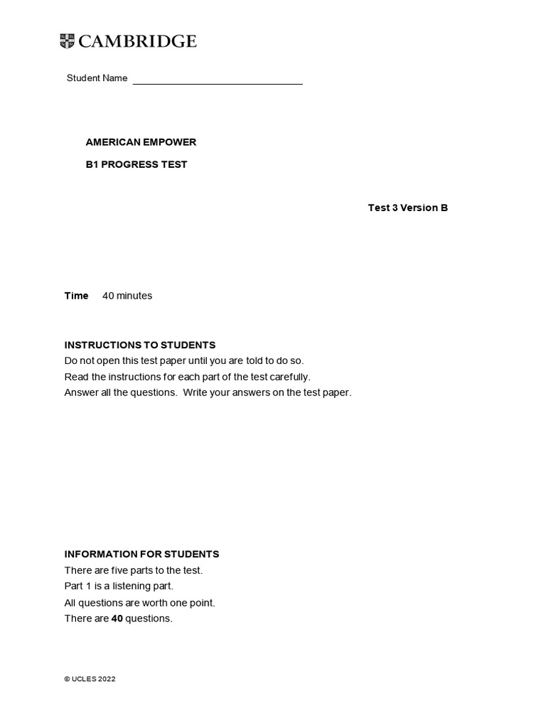 American Empower B1 Unit Progress Test 3 - Version B | PDF | Loans | Credit