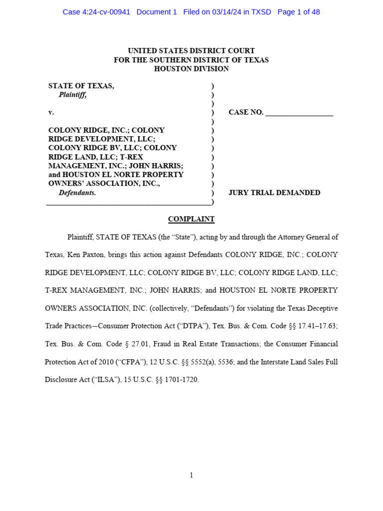 Texas vs. Colony Ridge Fraud Case | PDF | Loan To Value Ratio | Foreclosure
