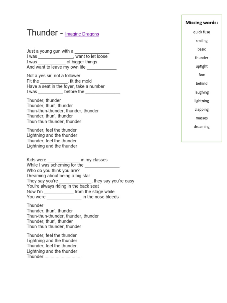Thunder Lyrics Fill in The Blanks Activity PDF