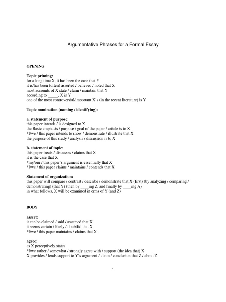 Argumentative Essay Phrases Guide | PDF | Language Arts & Discipline
