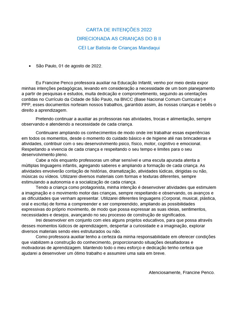 Carta de Intenção: Educação Infantil B II | PDF | Aprendizado | Pré-escola