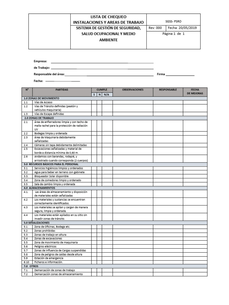 R007 Inspección lista de chequeo área de trabajo | PDF | Seguridad y ...