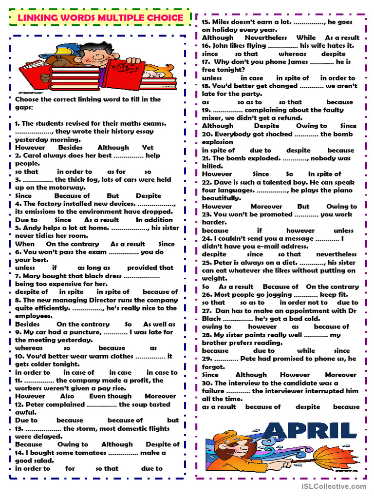 Linking Words Multiple Choice Pdf
