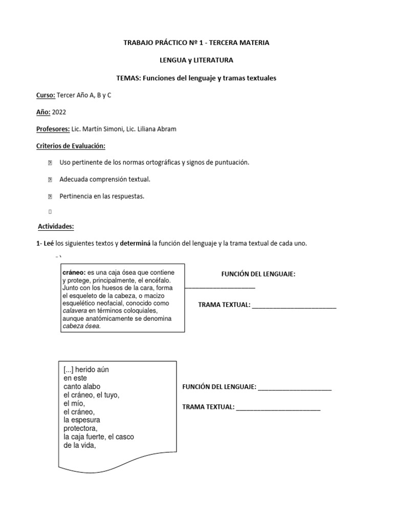 Ejercicios sobre tramas y funciones del lenguaje | PDF | Cráneo | Dialecto
