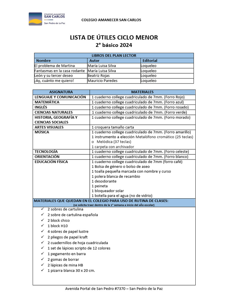 Lista de Utiles 2° Basico 2024 | PDF | Lápiz