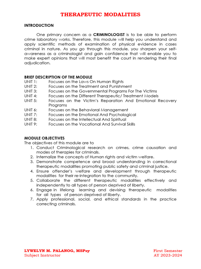 Criminology Therapeutic Modalities Guide | PDF | Punishments | Crime ...