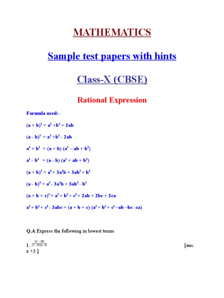 Class X Rational Expressions Test Papers | PDF | Elementary Mathematics ...