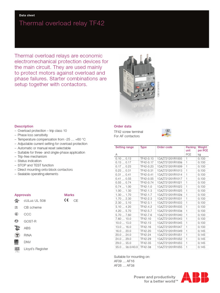 TF42 Thermal Overload Relay Overview | PDF | Relay | Physical Sciences