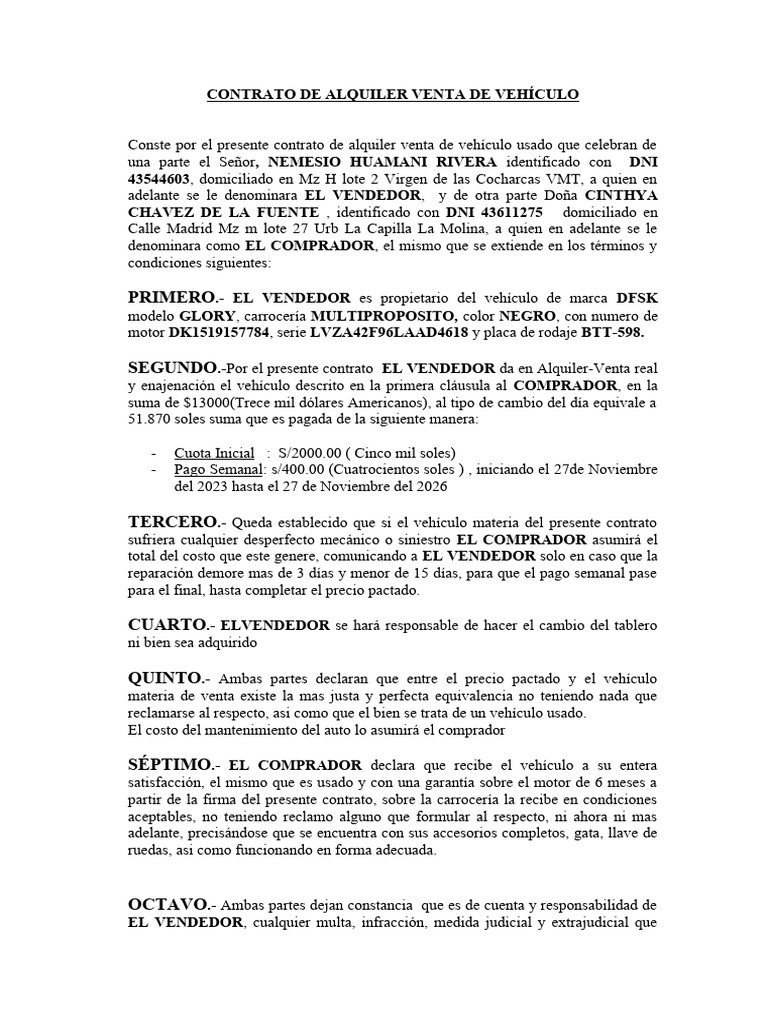 Contrato de Alquiler Venta de Vehiculo | PDF | Negocios | Finanzas y dinero