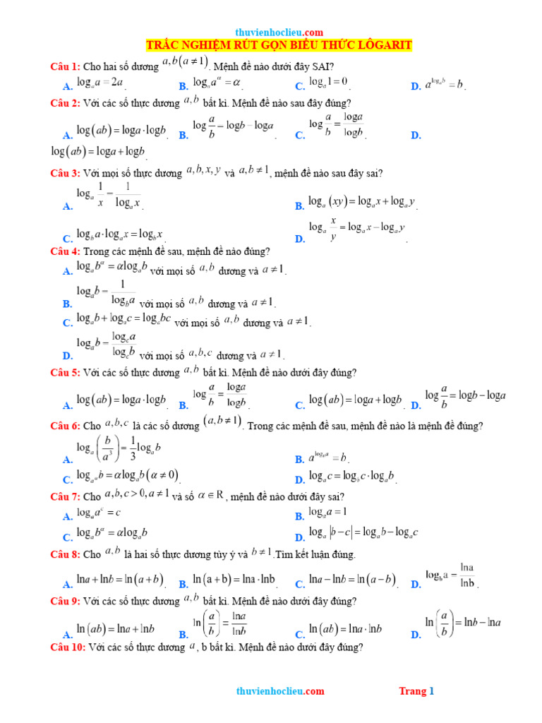 Trac nghiem bai 19 rut gon bieu thuc logarit hay pdf