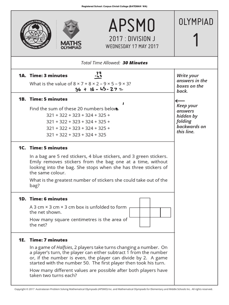 2017 Olympiad 1 Junior Questions Only | PDF | Mathematics