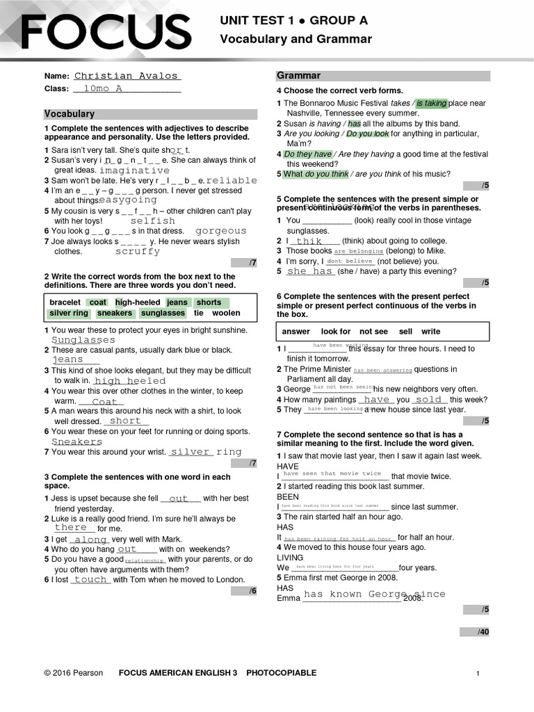 Vocabulary and Grammar Unit Test 1 | PDF | Fashion | Linguistics