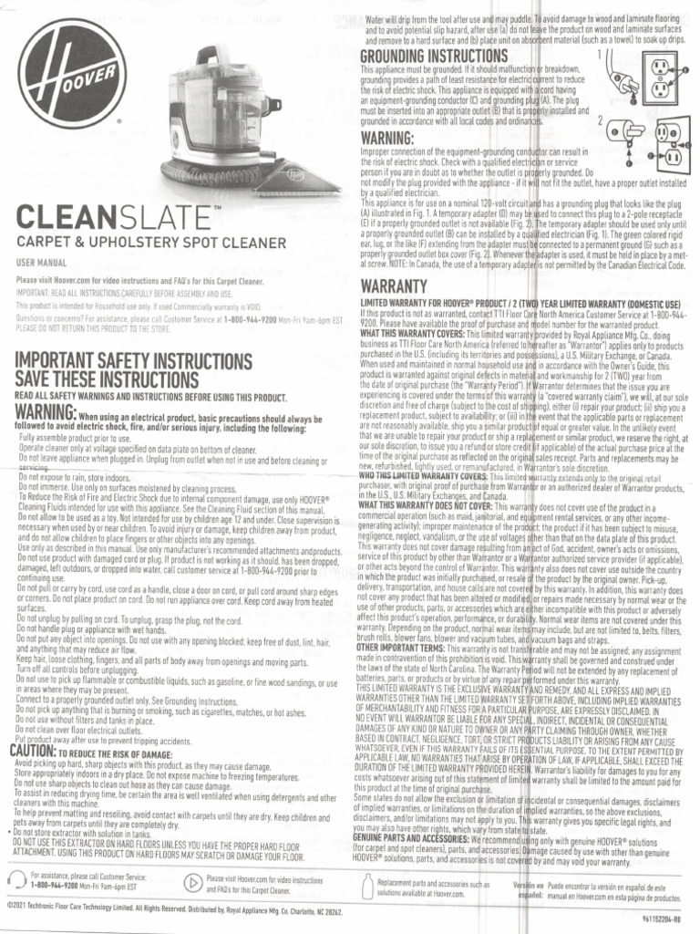 Hoover Clean Slate Manuals PDF