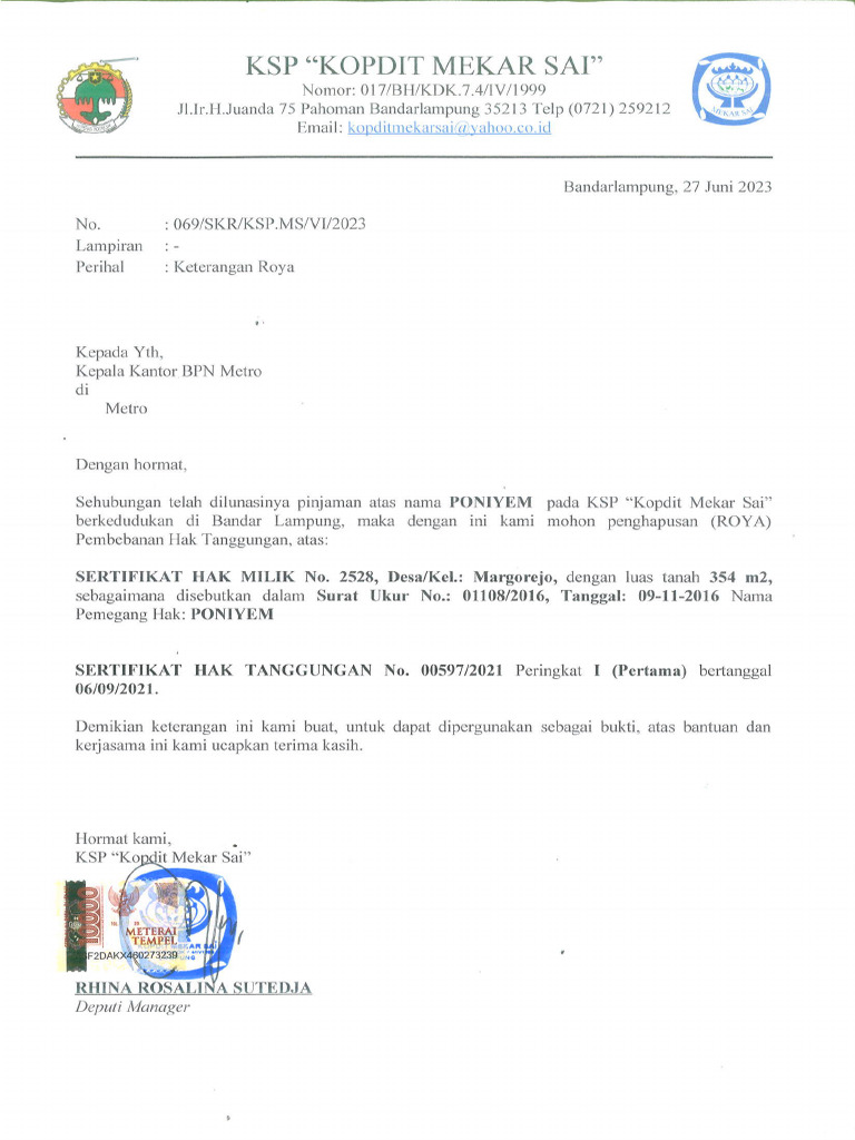 CONTOH SURAT KETERANGAN ROYA | PDF