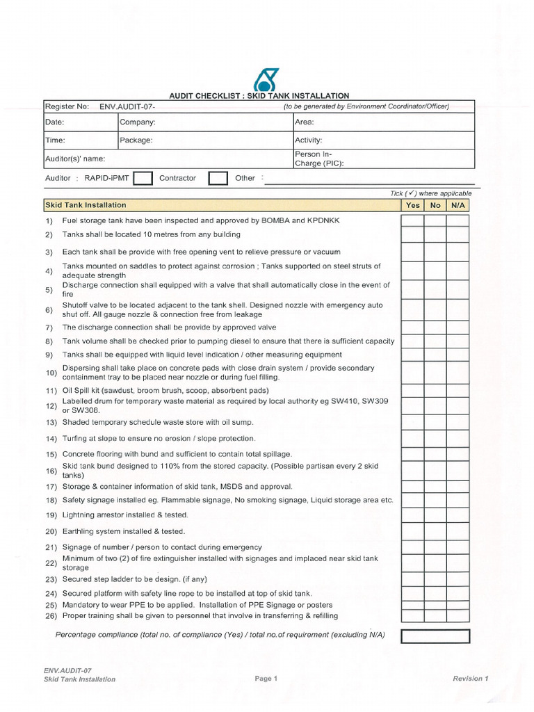 Skid Tank Checklist | PDF