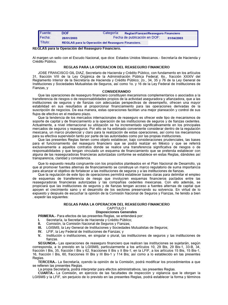 Reglas del Reaseguro Financiero en México | PDF | Reaseguro | Seguro