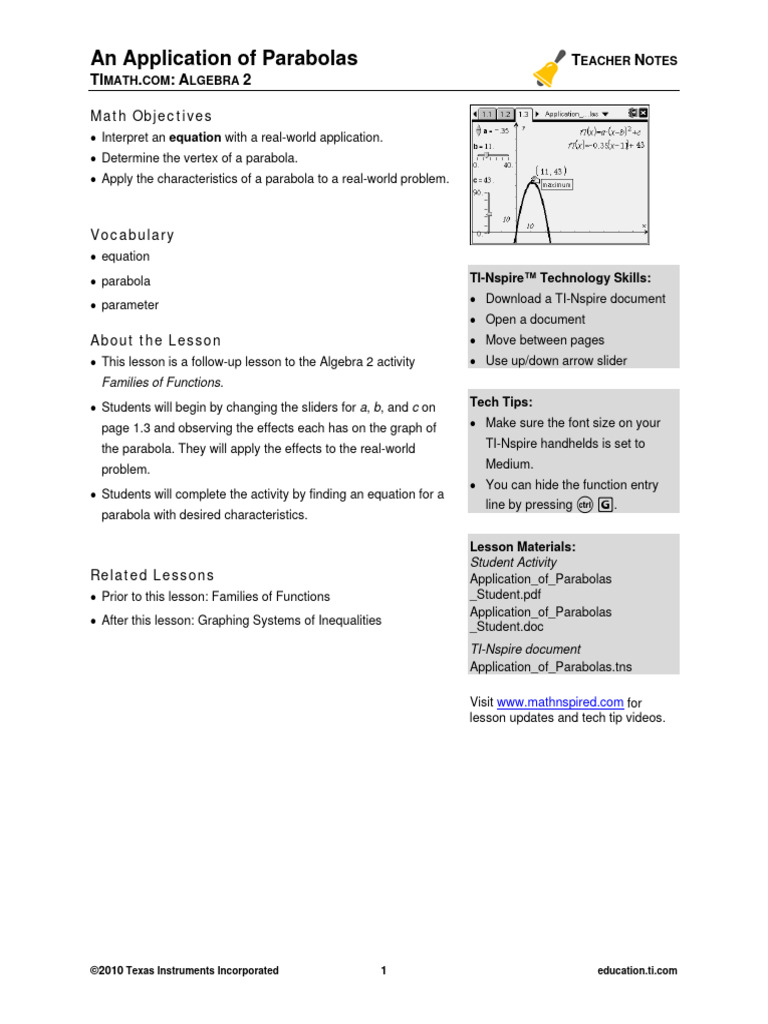 Application of Parabolas Teacher | PDF | Variable (Mathematics) | Equations