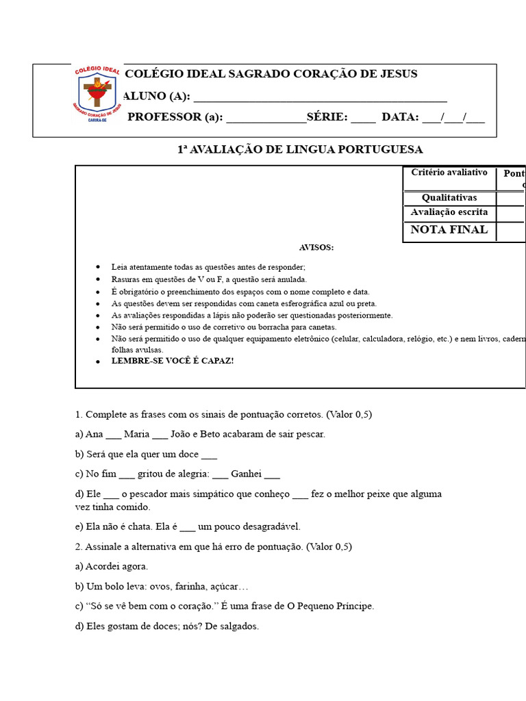 Prova de Português 6°ano | PDF