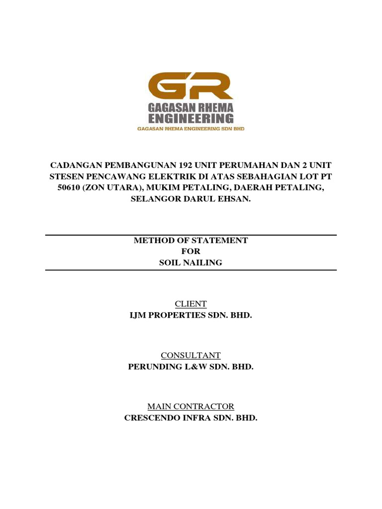 Method Statement for Soil Nailing Project | PDF | Structural ...