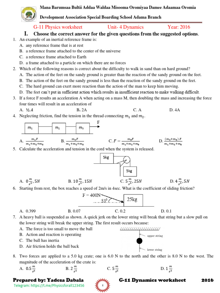 Physics G 11 Dynamics Worksheet 1 PDF Force Friction