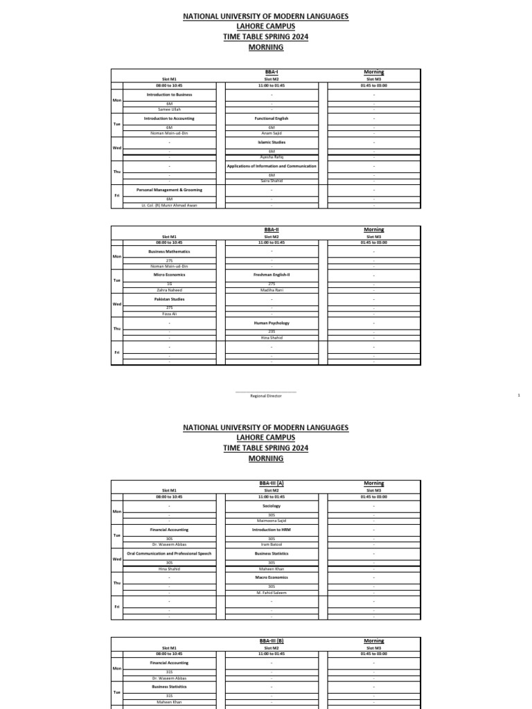 BBA Spring 2024 Morning Timetable | PDF | Business | Business Economics