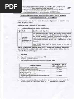 Terms and Conditions for the Recruitment on the Post of Assistant Engineer (Electrical) on Contract Basis. (1)