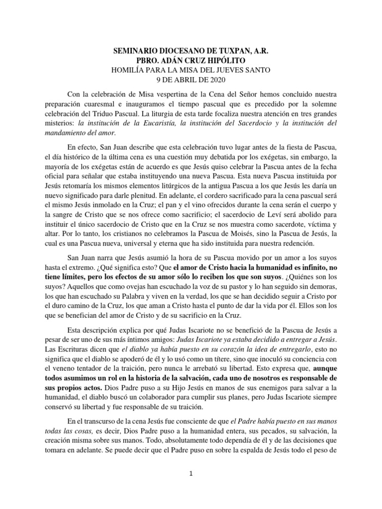 Homilía Jueves Santo-P. Adán Cruz | PDF | Pascua de Resurrección | eucaristía