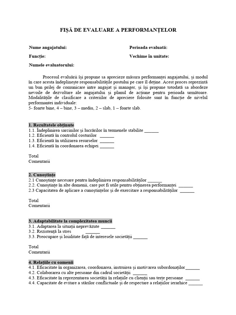 Model Fisa de Evaluare A Performantelor | PDF