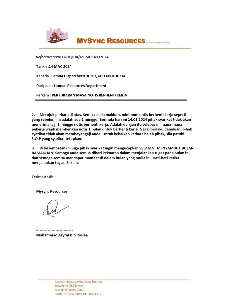 Memo Notis Berhenti Kerja 2024 3 Pdf