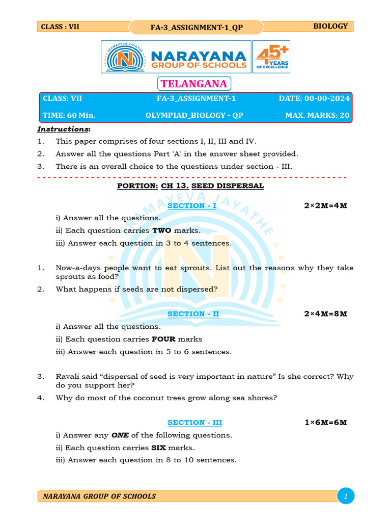 Class VII Biology Assignment: Seed Dispersal | PDF