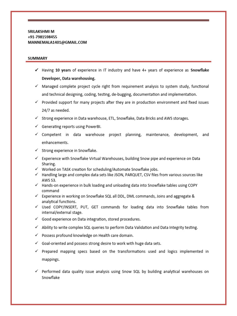 Snowflake Developer Resume Summary | PDF | Data Warehouse | Sql