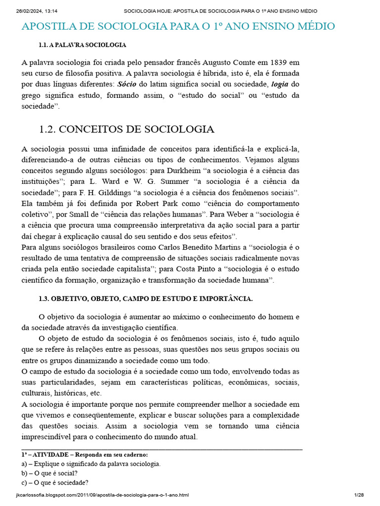 Apostila de Sociologia para o 1º Ano Ensino Médio | PDF | Sociologia ...