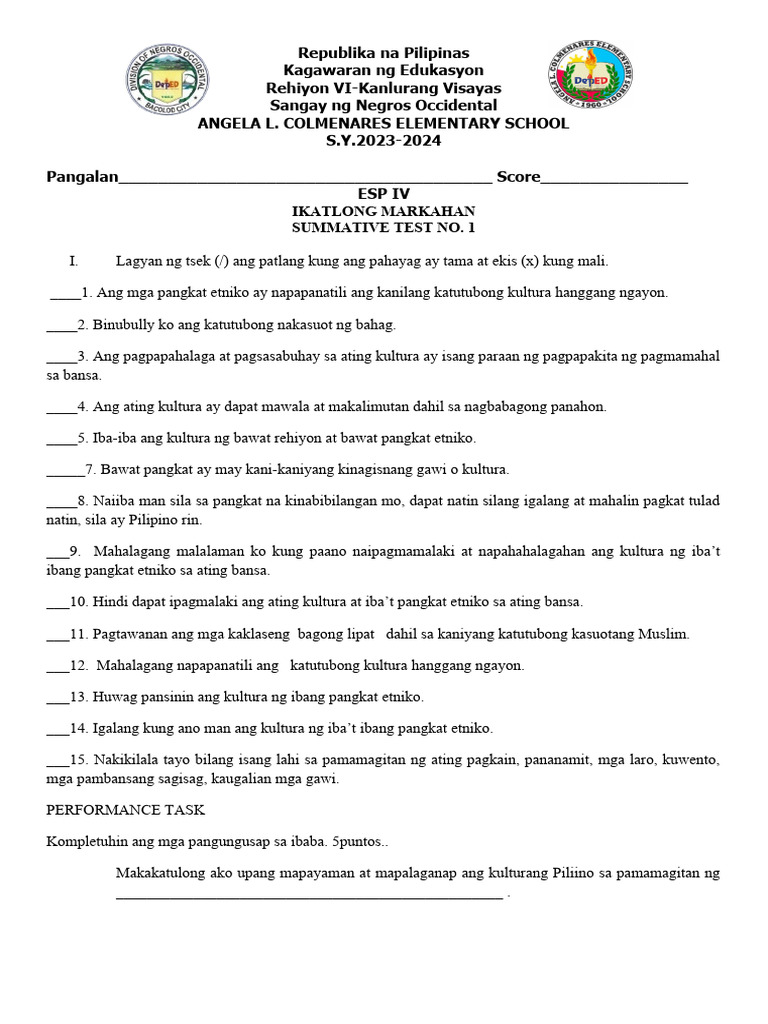 Summative Test Esp 3rd Quarter | PDF