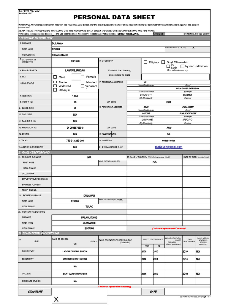 CS Form No. 212 Personal Data Sheet Revised | PDF | Government | Justice