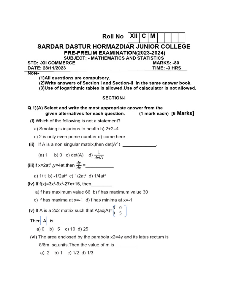MATHS XII COM - Pre Prelim Paper (2023) | PDF | Area | Mathematics