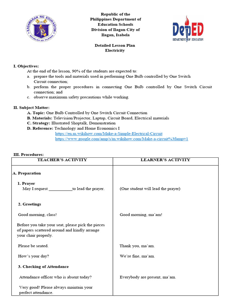 Grade 5 Lesson Plan: Electric Circuit | PDF | Switch | Insulator ...