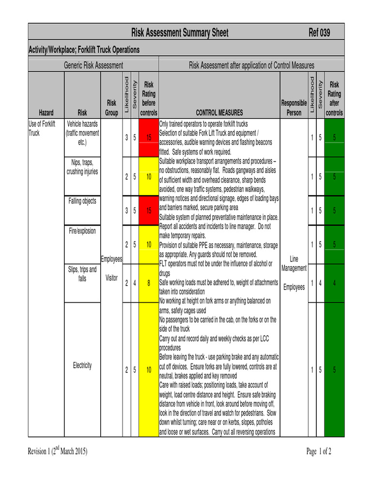 Forklift Truck Risk Assessment Summary | PDF | Forklift | Truck