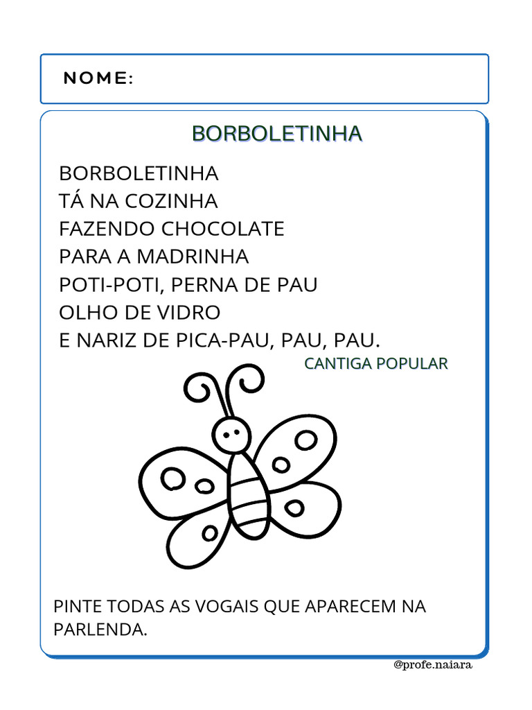 Letra da Cantiga Borboletinha | PDF | Artes Linguísticas e Disciplina