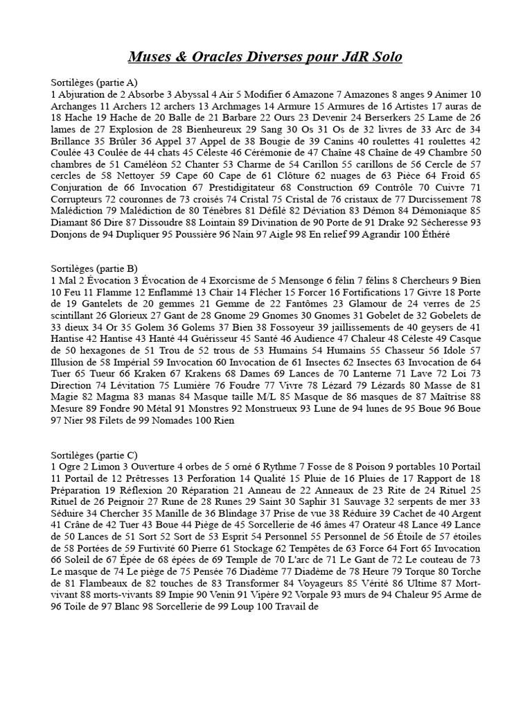 Muses et Oracles pour JdR Solo | PDF