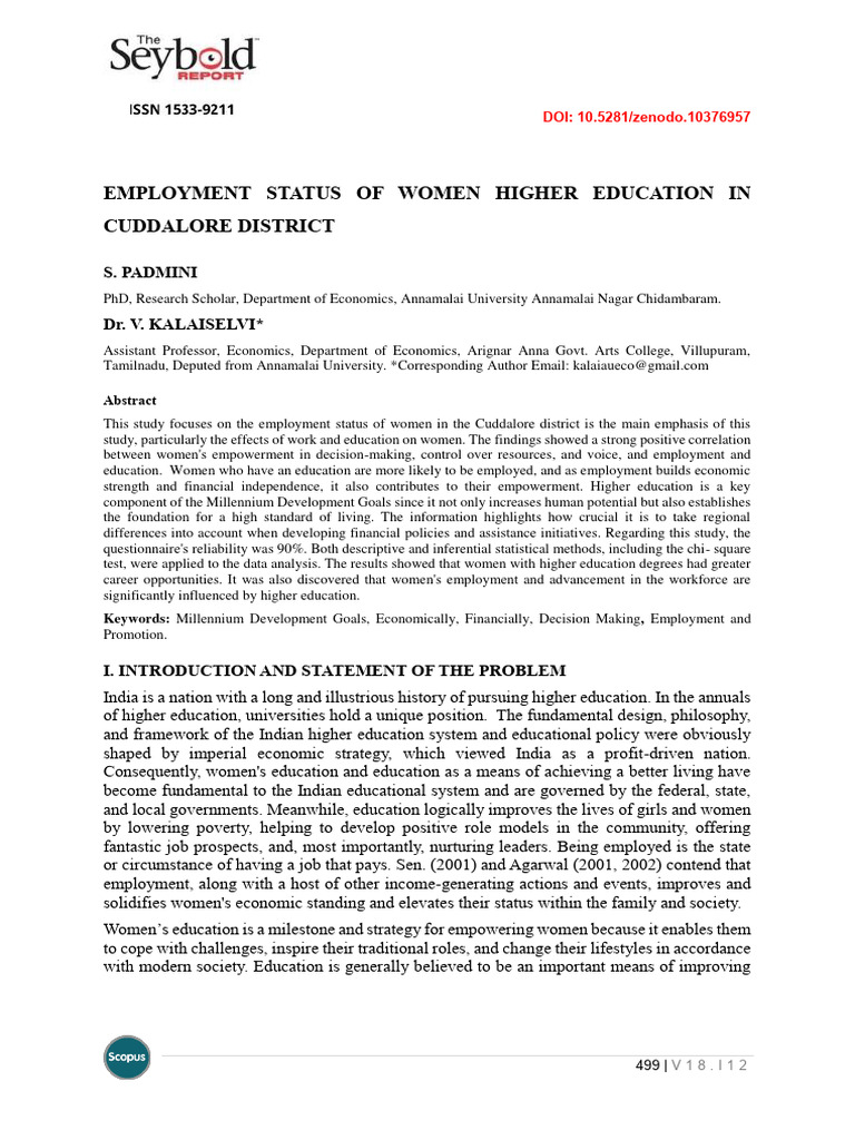 Employment Status of Women Higher Education in Cuddalore District | PDF ...
