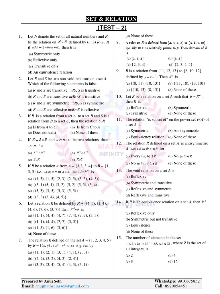 Set & Relation Test 2 | PDF | Geometry | Mathematical Concepts