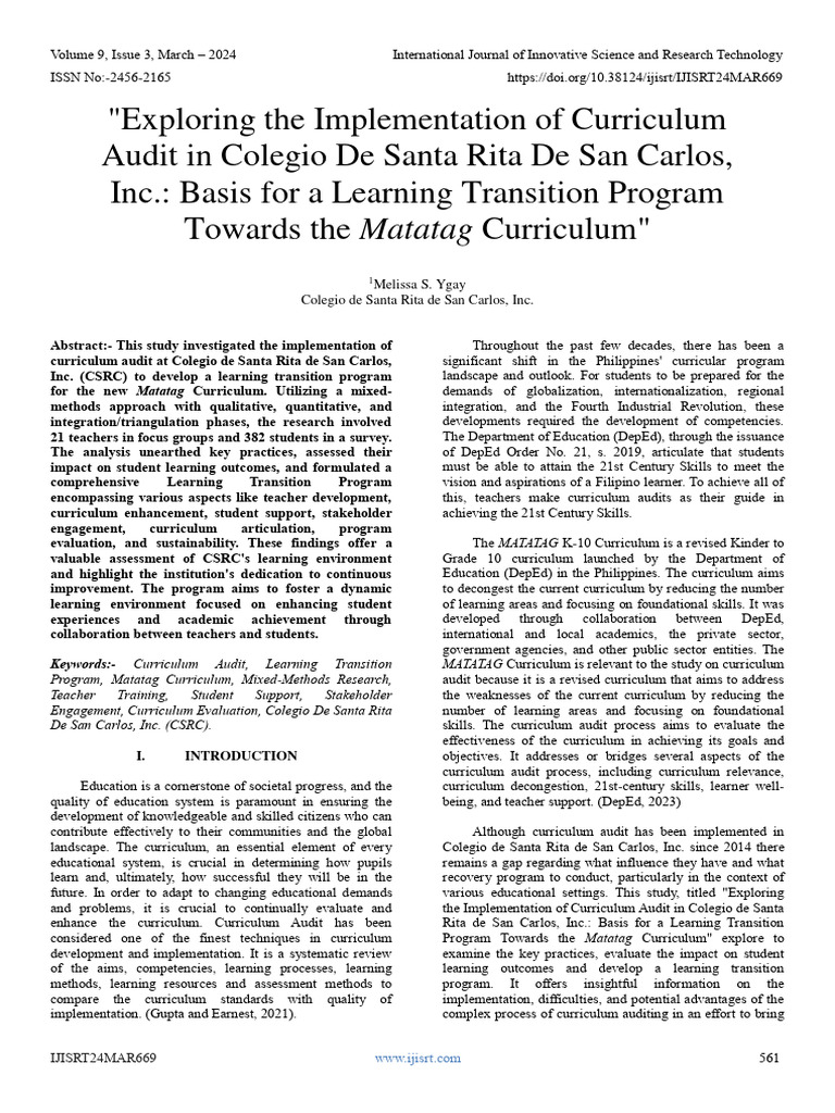Exploring The Implementation of Curriculum Audit in Colegio de Santa Rita de San Carlos Inc