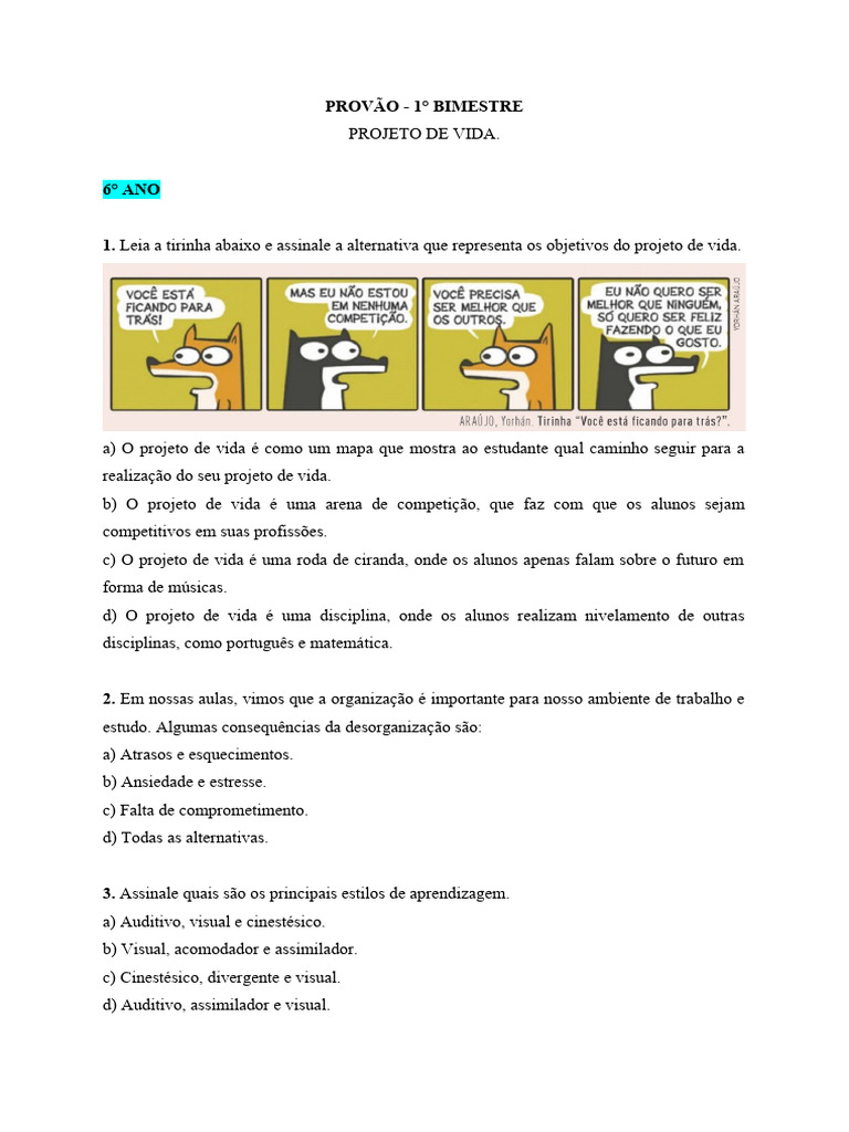 Prova de Projeto de Vida - 6º a 9º Ano | PDF | Liderança | Adolescência