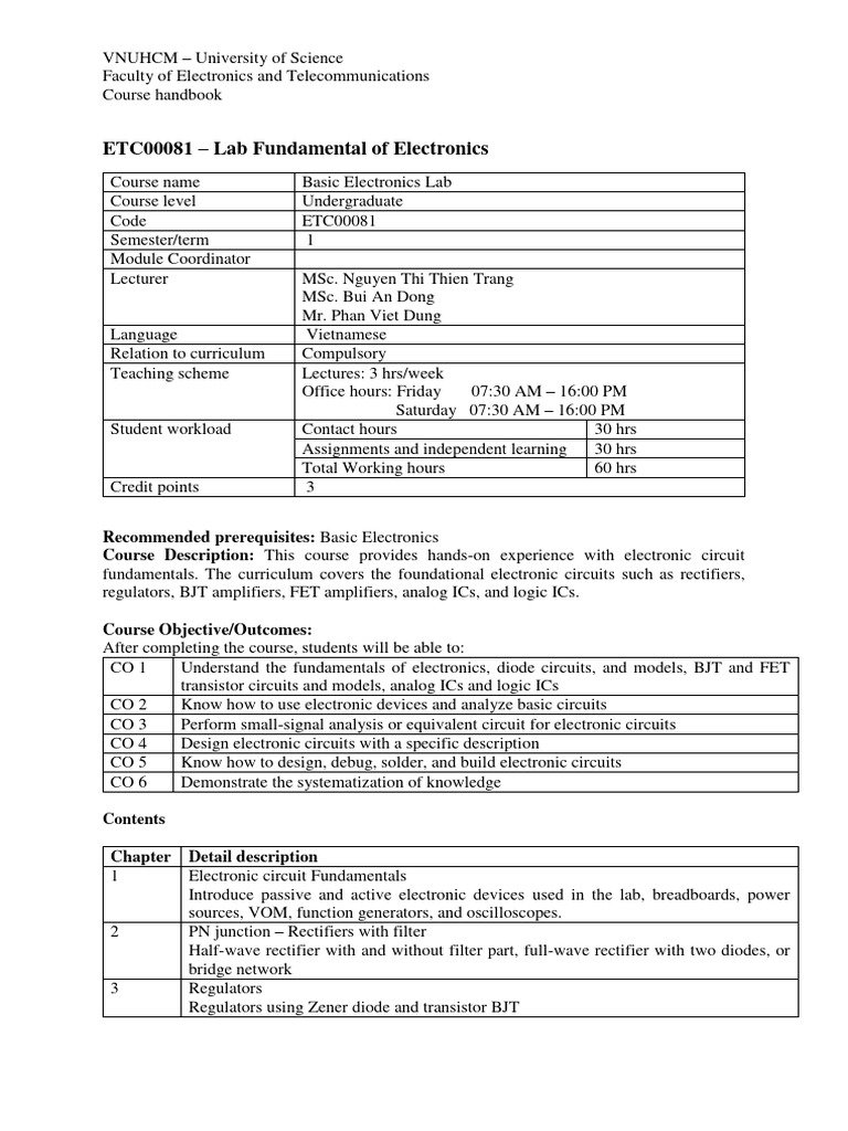 Basic Electronics Lab Course Outline | PDF | Electronic Circuits ...