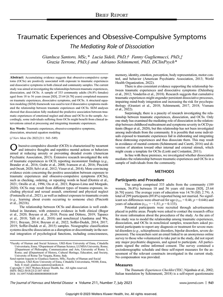 Traumatic Experiences and Obsessive Compulsive Symptoms The Mediating