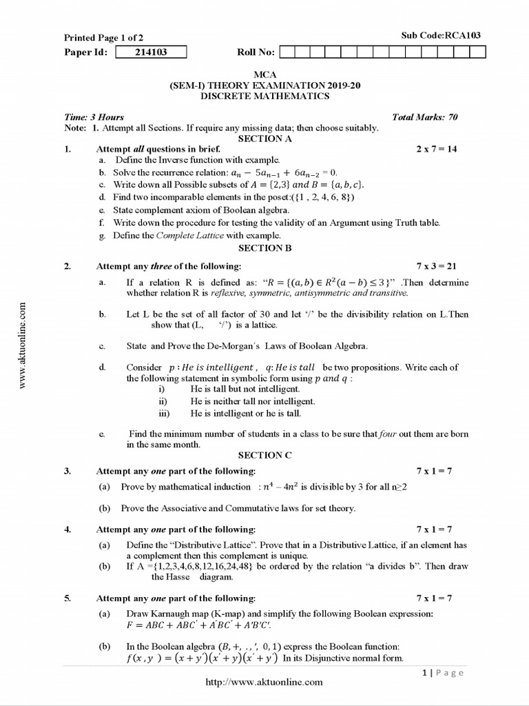 Mca 1 Sem Discrete Mathematics Rca103 2020 | PDF