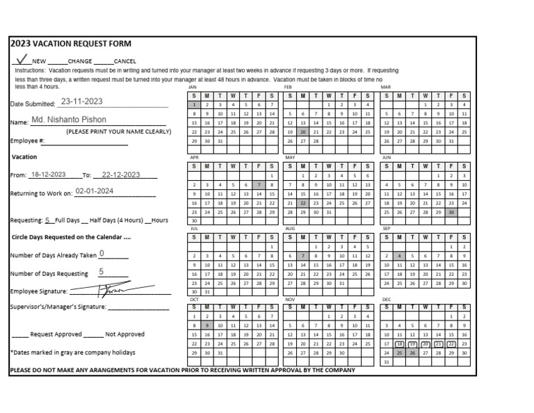 2023 Vacation Request Form | PDF