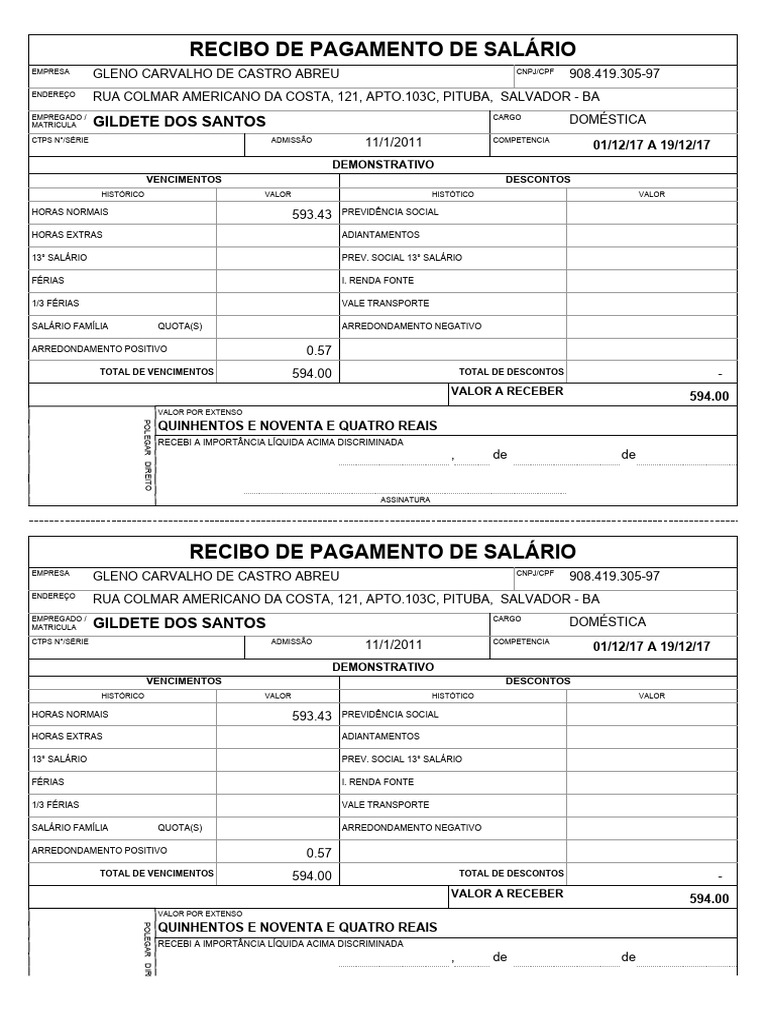 Cópia de Recibo Salario | PDF | Férias trabalhistas | Economia Demográfica