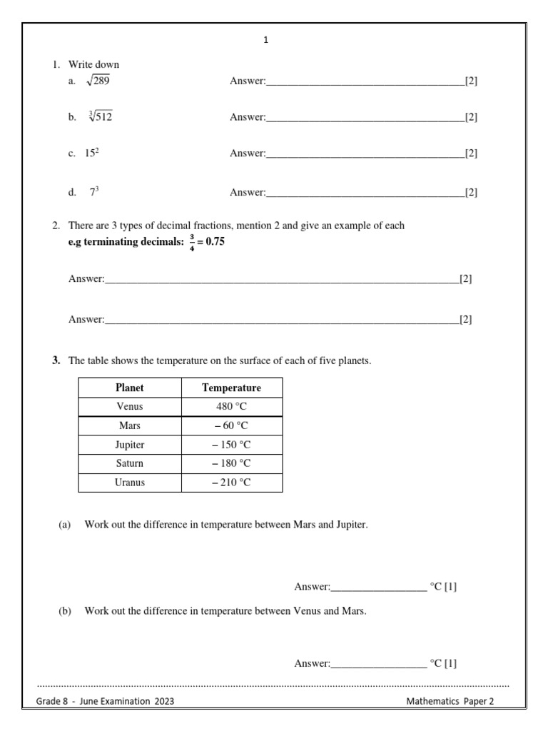 Grade 8 Maths Paper 2 Exam June 2023 PDF In Astrology